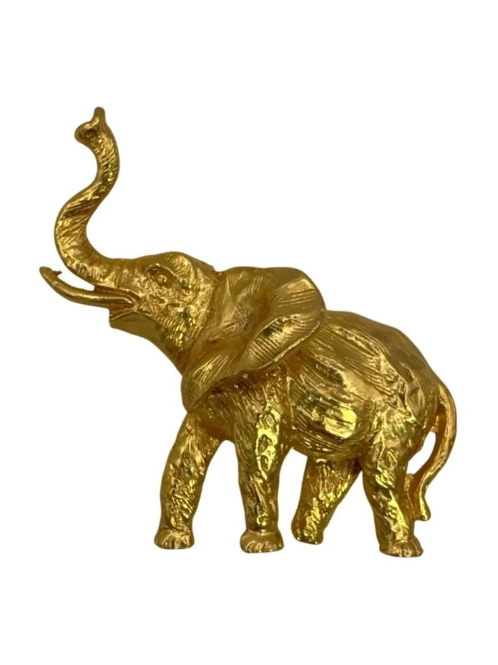 Gold Tone Elephant Vtg Brooch Pin Textured Trunk Up Animal Statement Jewelry